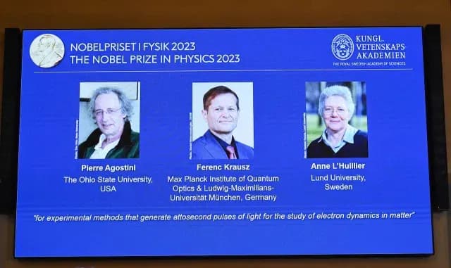 Pierre Agostini, Ferenc Krausz y Anne L'Huillier, ganadores del Nobel de Física 2023