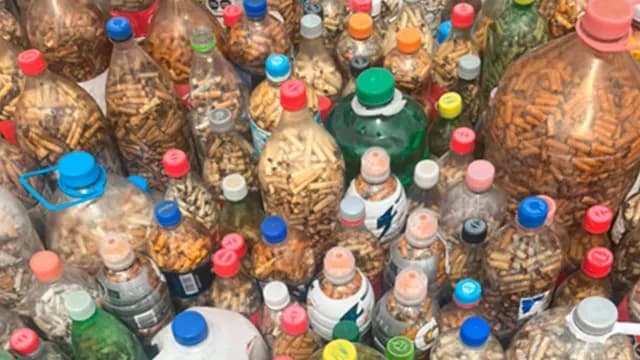 Colillas de cigarro almacenadas dentro de botellas de plástico