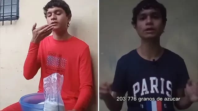 Joven cuenta los granos de azúcar en un kilogramo