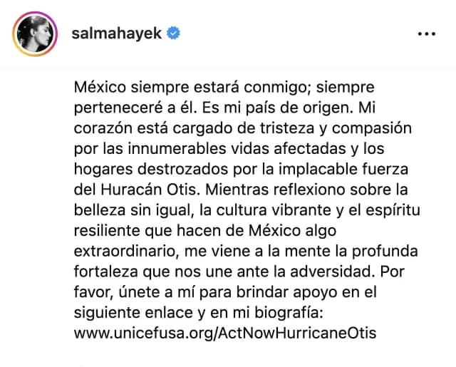 Salma Hayek envía mensaje por damnificados de Acapulco