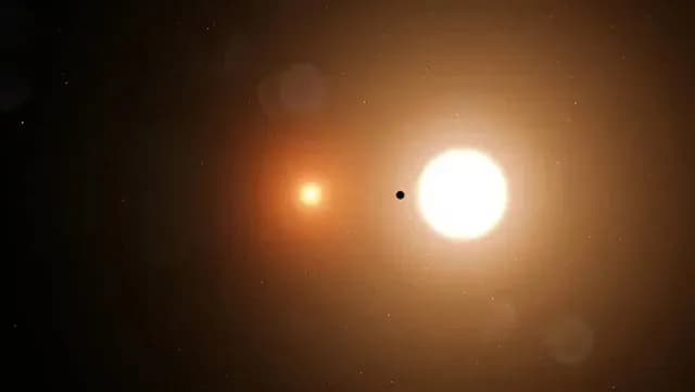 Ilustración artística de un sistema estelar binario con un planeta