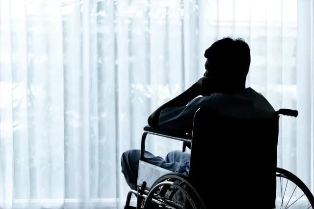Silueta de una persona en silla de ruedas mirando por la ventana.