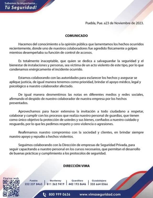 Comunicado oficial de la empresa VIMA de Seguridad Privada