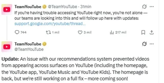 Youtube trabaja para solucionar fallas en caída de su servicio. Foto: X @TeamYouTube