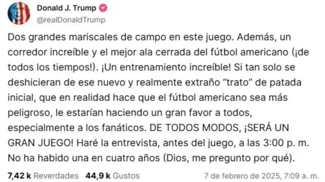 Mensaje de Donald Trump sobre Super Bowl 2025.