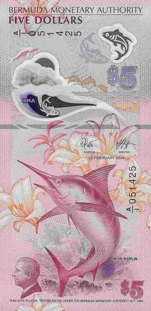 Anverso del billete de 5 dólares de Bermudas