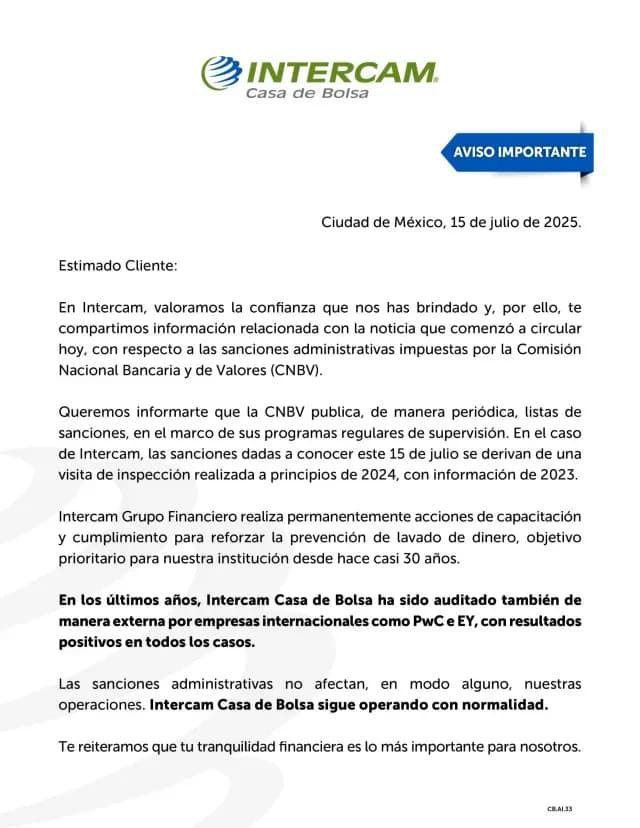Comunicado Intercam sobre multas impuestas por la CNBV. Crédito: Cortesía