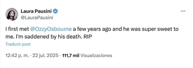 Laura Pausini se despidió de Ozzy Osbourne con un tuit