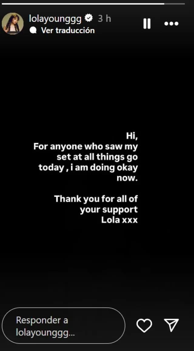 Lola Young Messi envia mensaje a sus seguidores despues de desmayarse