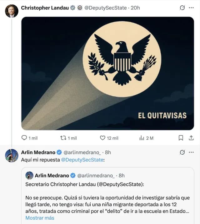 Christopher Landau envía mensaje a Arlín Medrano por comentarios sobre Estados Unidos
