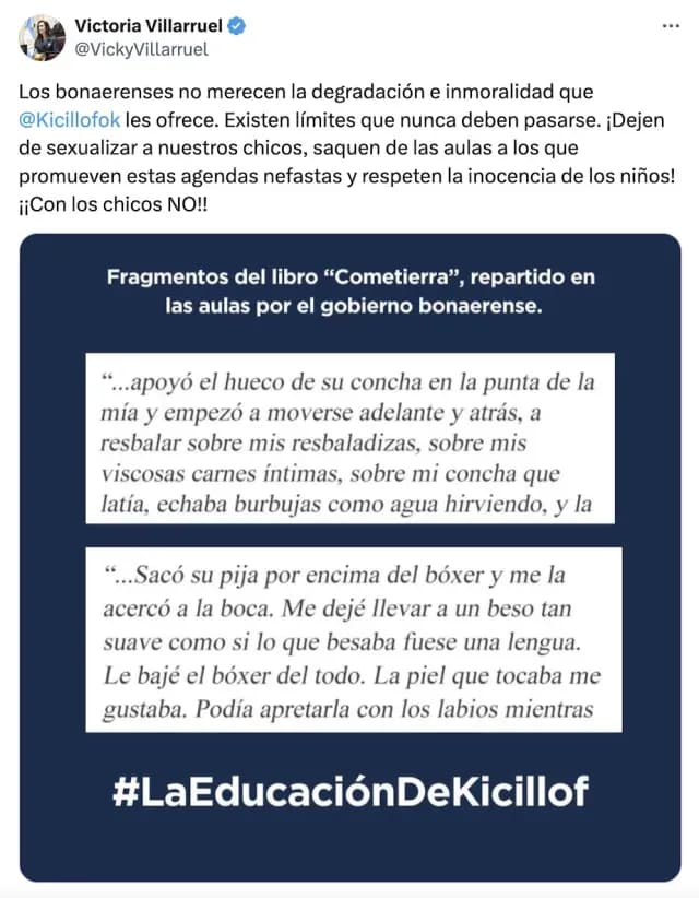 Victoria Villaruel pidió que Cometierra sea retirado de las escuelas
