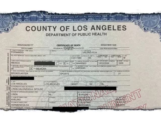 Certificado de defunción de Fernando Valenzuela. Foto TMZ