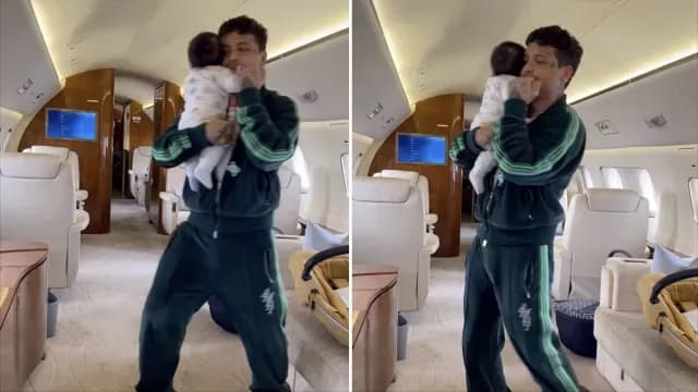 Christian Nodal y su hija Inti bailan juntos en avión