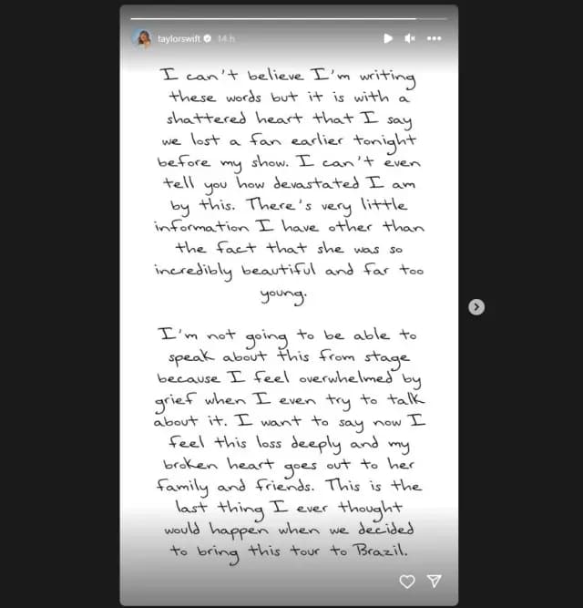 Mensaje de Taylor Swift en Instagram por muerte de fan previo a concierto