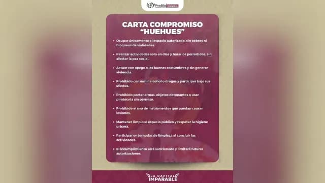 Carta compromiso que deberán seguir los huehues en el Carnaval de Puebla 2026