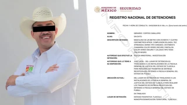 Confirman detención del exalcalde Gerardo "N" en Tlaxcala. Foto: Registro Nacional de Detenciones.