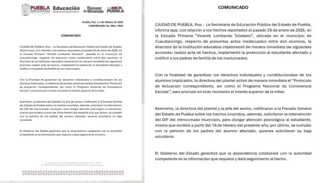 Comunicado de la SEP por caso de presunto abuso contra estudiante en Puebla. Foto: SEP Puebla
