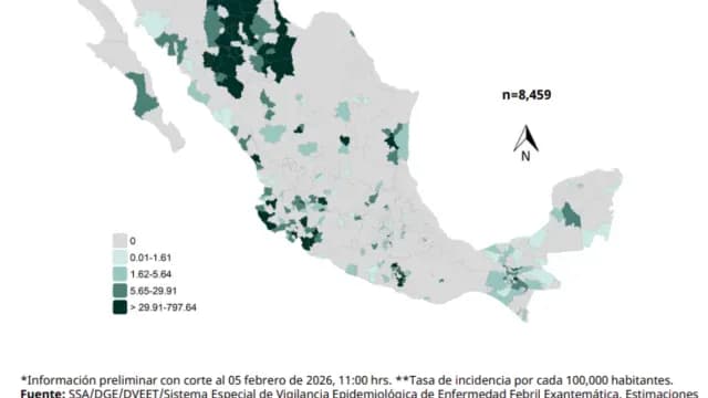 Mapa de contagios de sarampión hasta el 5 de febrero de 2026. Foto: SSA
