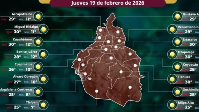 Temperaturas por alcaldía de CDMX que se pronostican para el jueves 18 de febrero de 2026. Foto: Conagua