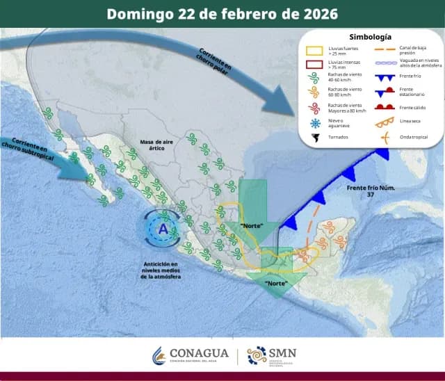 Mapa de la trayectoria del frente frío 37, en México. Foto: Conagua