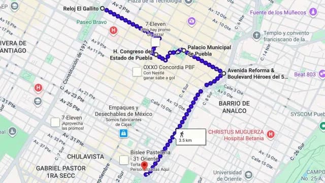 Recorrido de marcha 8M "Latido Común" en Puebla. Foto: Google Maps