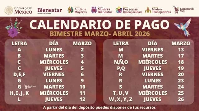 Calendario de pagos de la Pensión Bienestar Marzo 2026