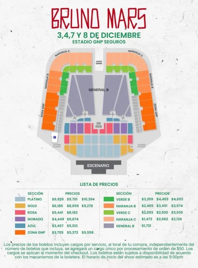Mapa oficial Bruno Mars Mexico 2026 Estadio GNP