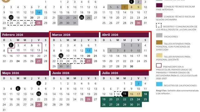 Calendario Escolar 2025-2026 segundo periodo de vacaciones. Foto: SEP
