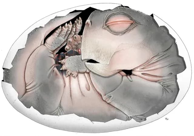 Embrión de Lystrosaurus dentro de su caparazón parcialmente conservado, reconstrucción del animal. Foto: Julien Benoit y Sophie Vrard
