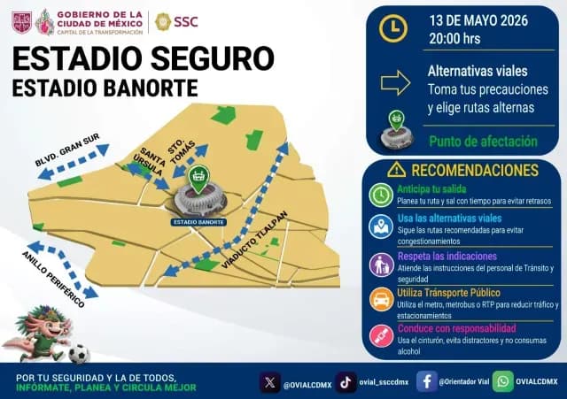Alternativas viales ante partido en el Estadio Banorte hoy. Foto: SSC