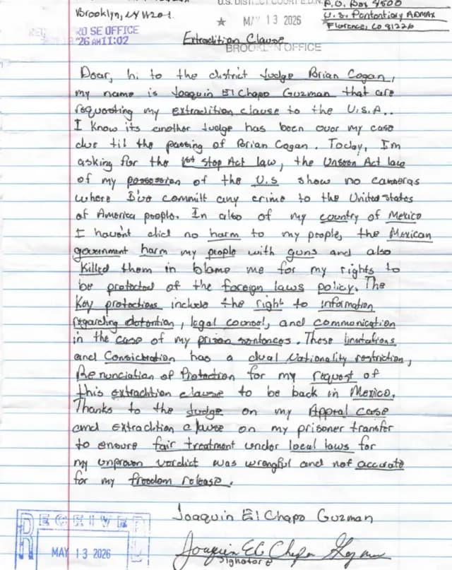 Carta enviada por Joaquín Guzmán Leora donde pide su extradición