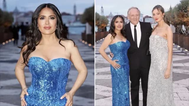 Salma Hayek presume vestido azul en Bienal de Venecia