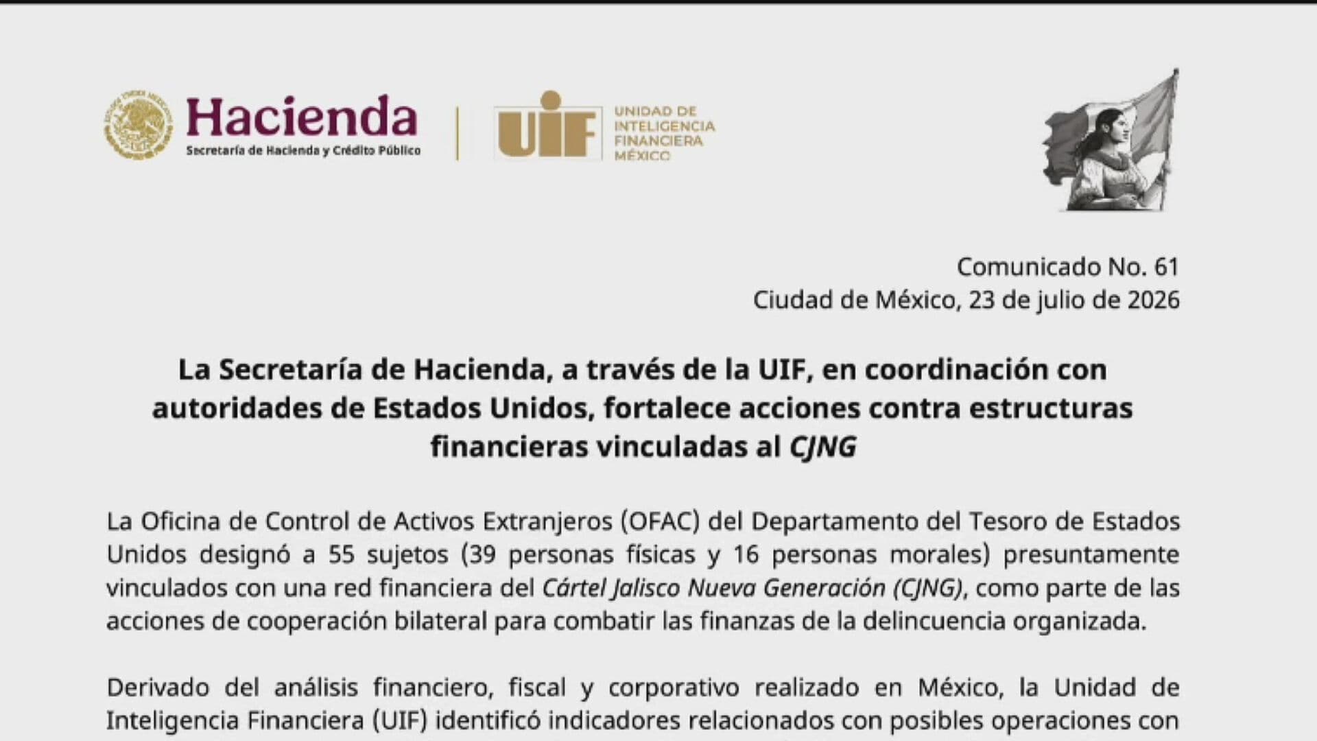Hacienda Fortalece Acciones contra Estructuras Financieras Vinculadas al CJNG