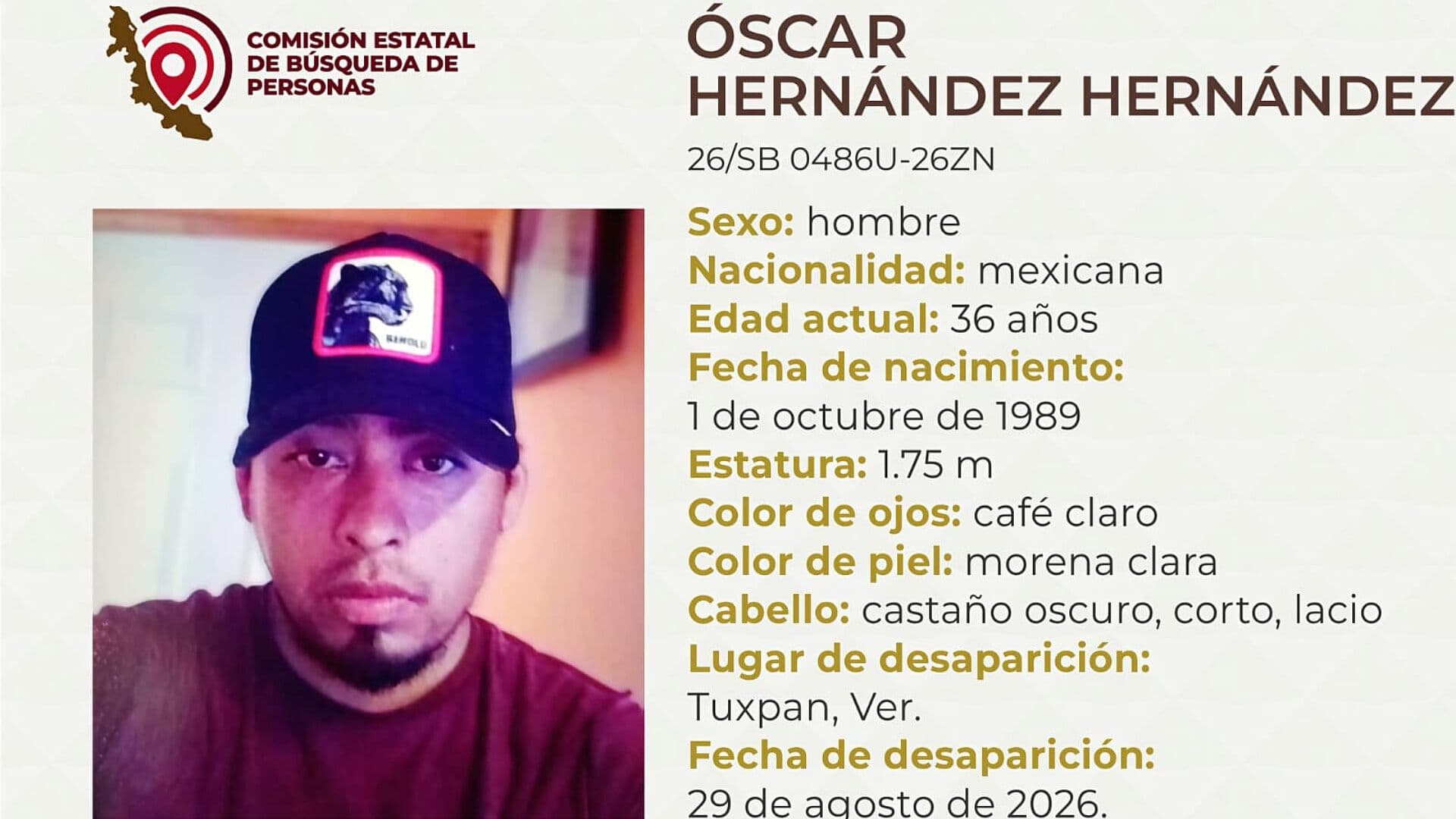 Difunden Ficha de Búsqueda de Óscar Hernández tras su Desaparición en Veracruz