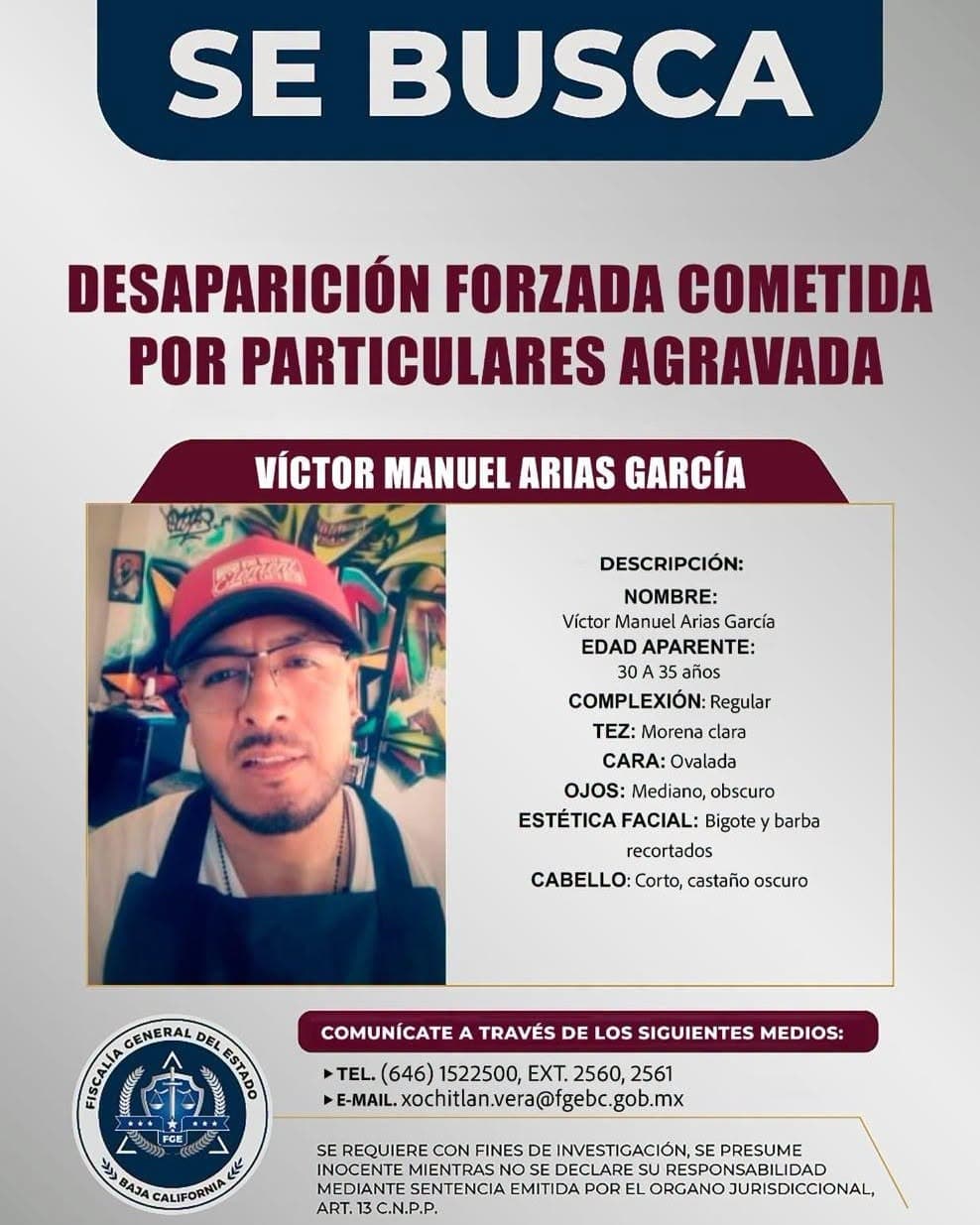 Ficha oficial de búsqueda emitida por la FGE de Baja California para Víctor Manuel Arias García
