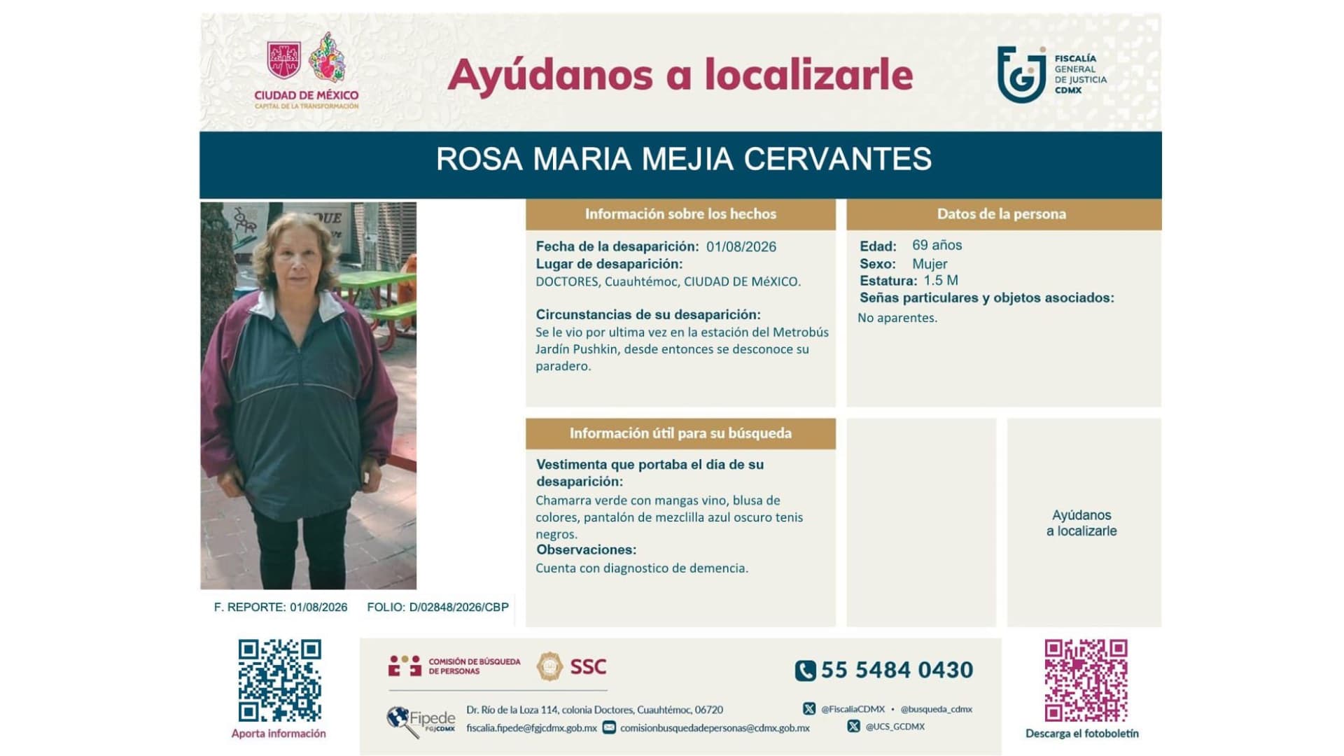 Buscan a Rosa María Mejía. Fiscalía CDMX