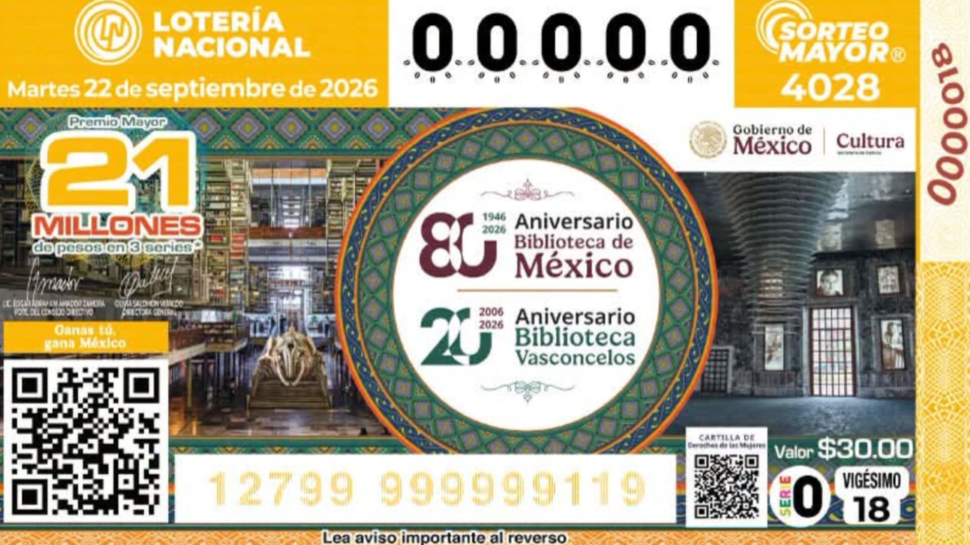 Billete Sorteo Mayor 4028 de la Lotería Nacional Hoy 22 de Septiembre 2026.