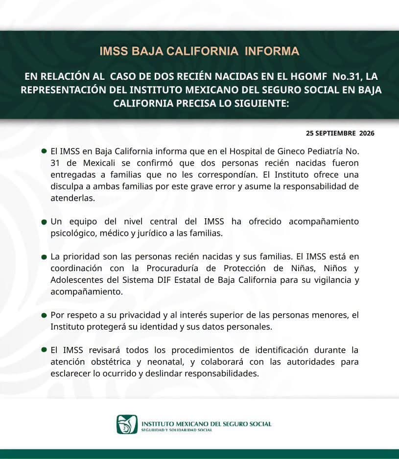 Comunicado Oficial del IMSS Baja California Sobre la Confusión de Dos Recién Nacidas