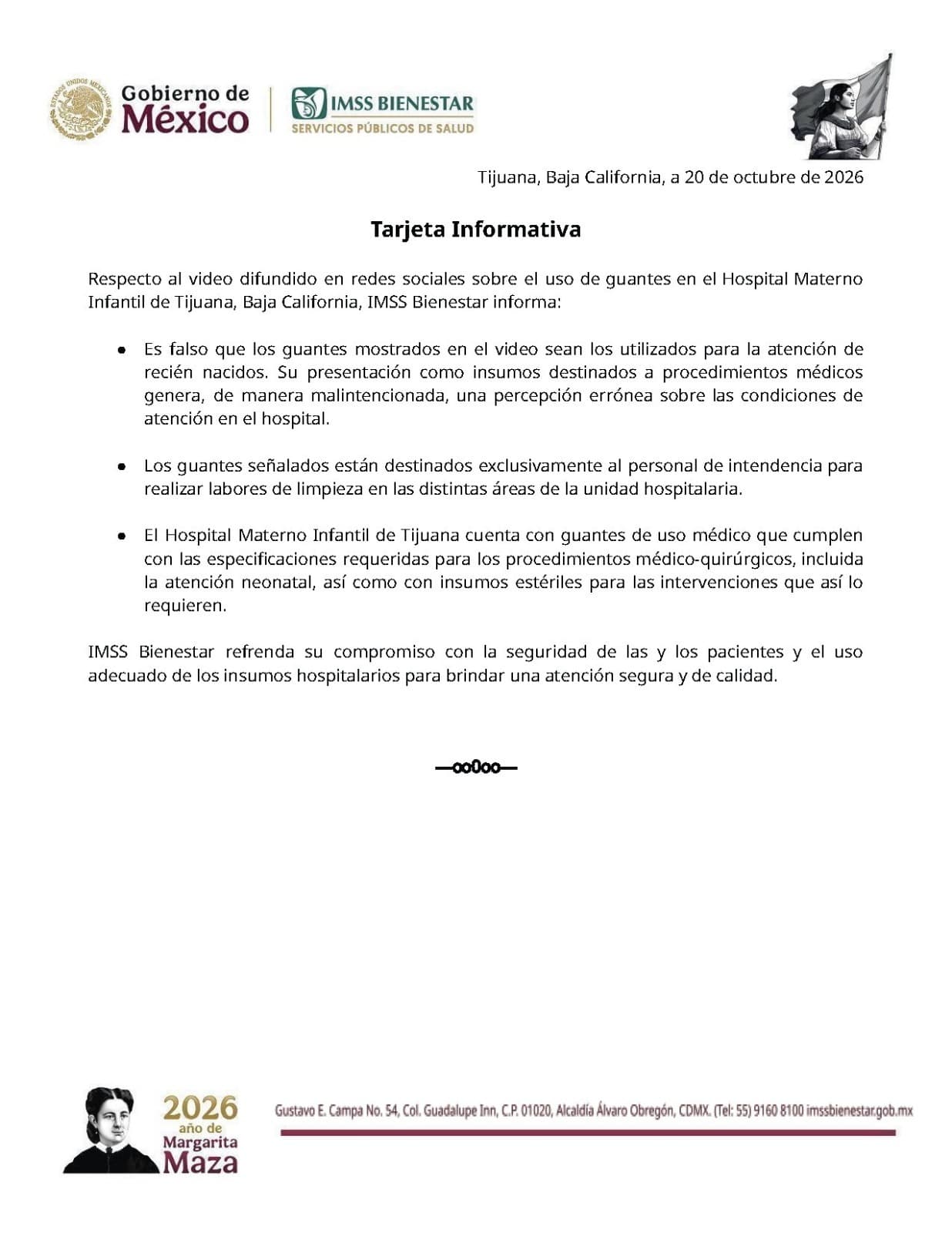 Tarjeta informativa emitida por IMSS Bienestar respecto a la situación en el Hospital Materno Infantil de Tijuana