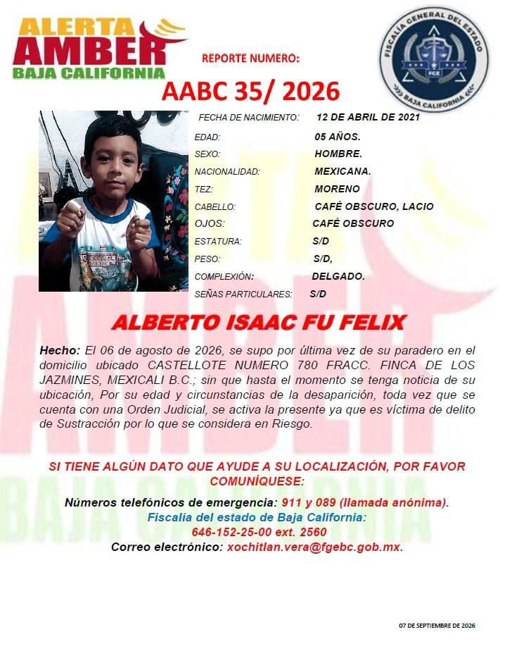 Activan Alerta Amber por Menor de 5 Años en Mexicali, Baja California