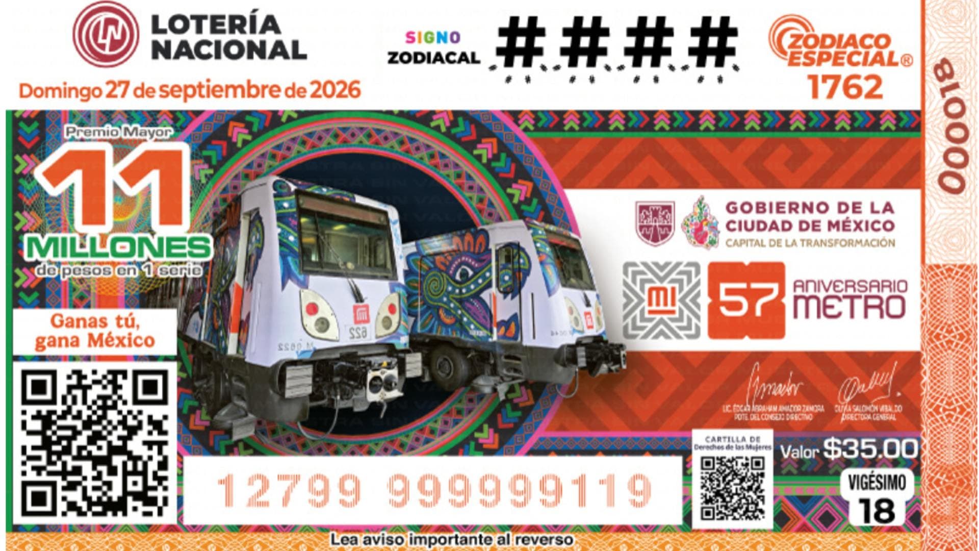 Billete Lotería Nacional 27 de septiembre 2026. Sorteo Zodiaco Especial.