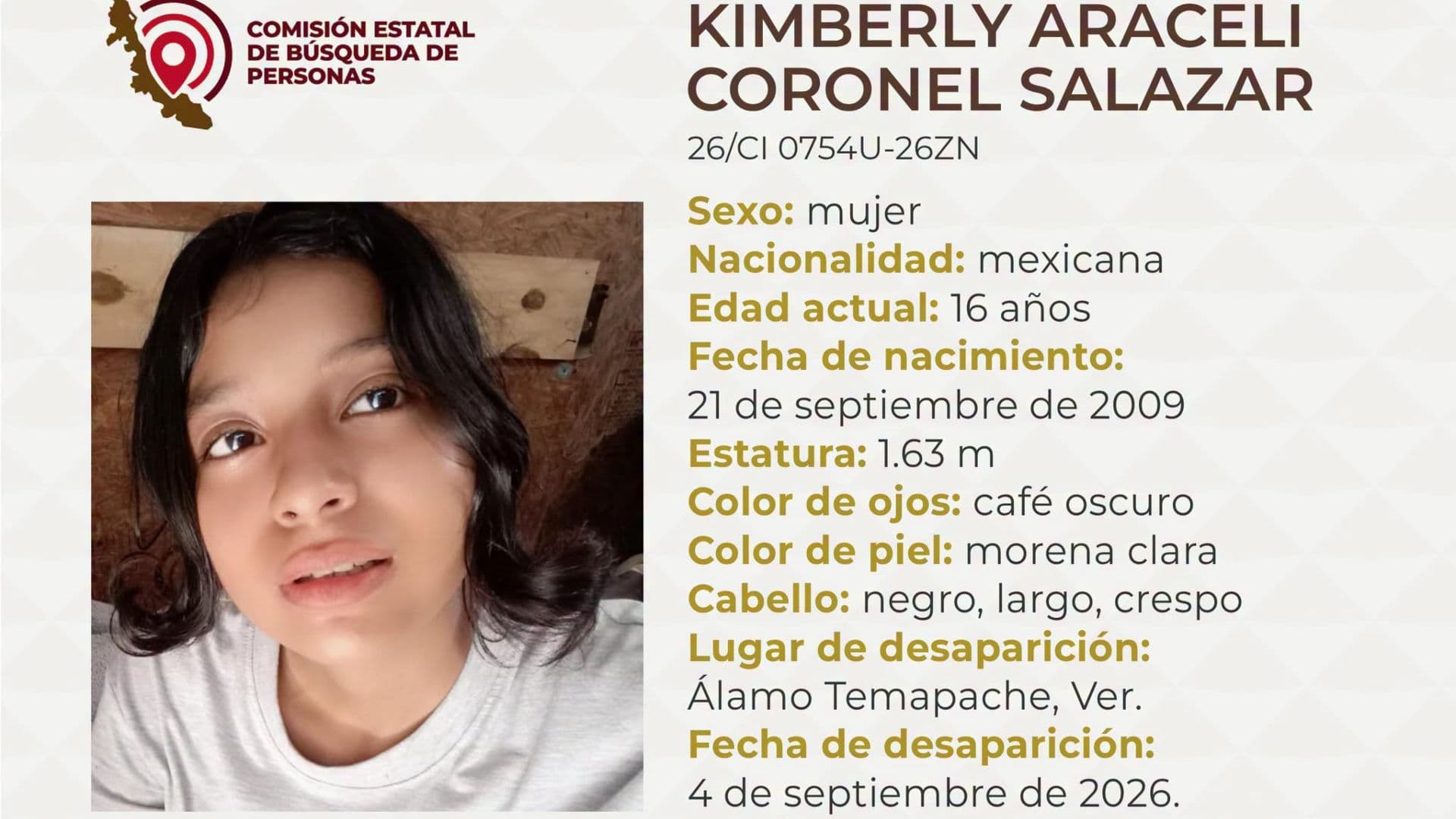 Emiten Ficha de Búsqueda de Kimberly Coronel, Menor Desaparecida en Veracruz