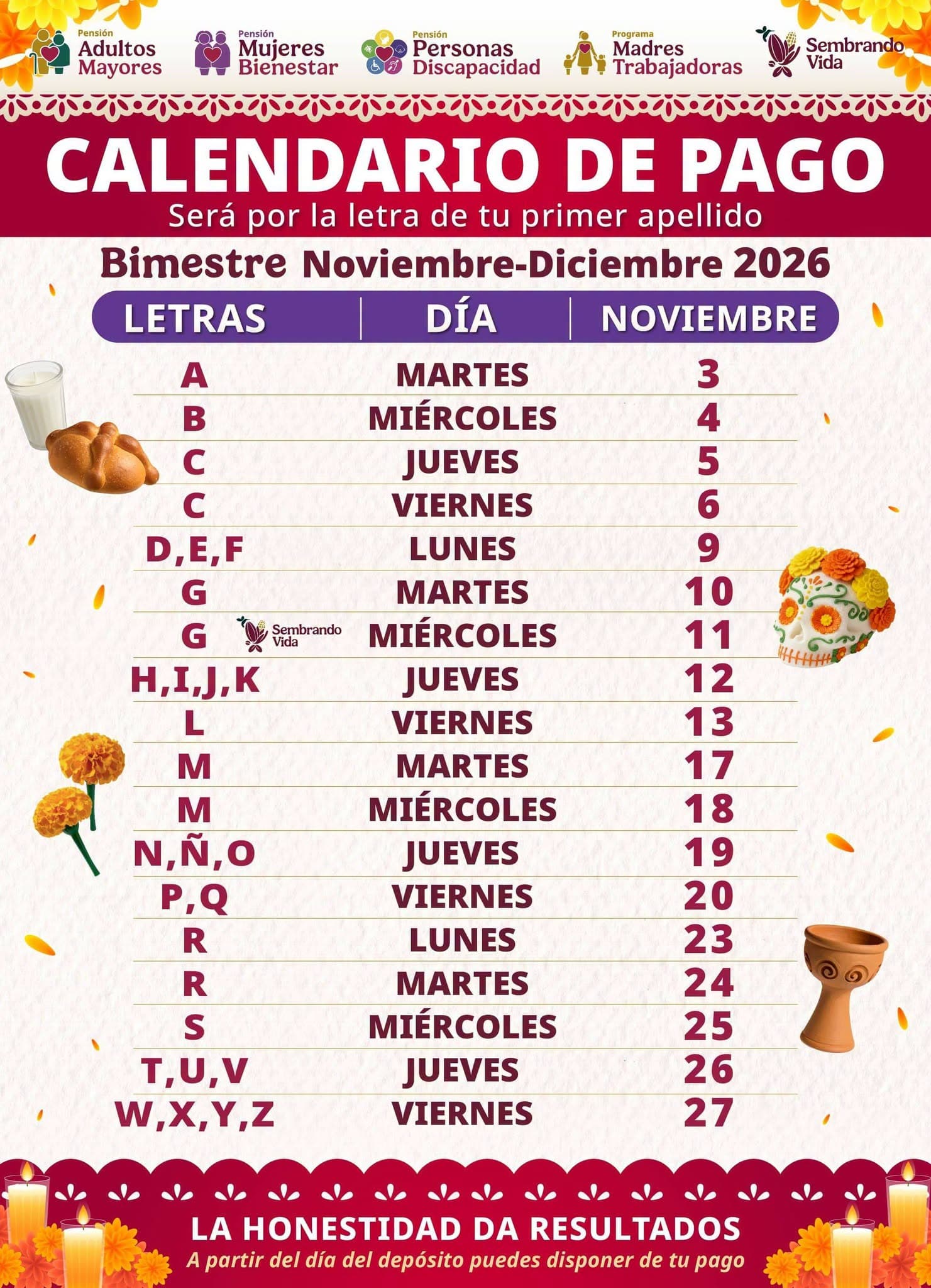 Calendario Bienestar de noviembre 2026