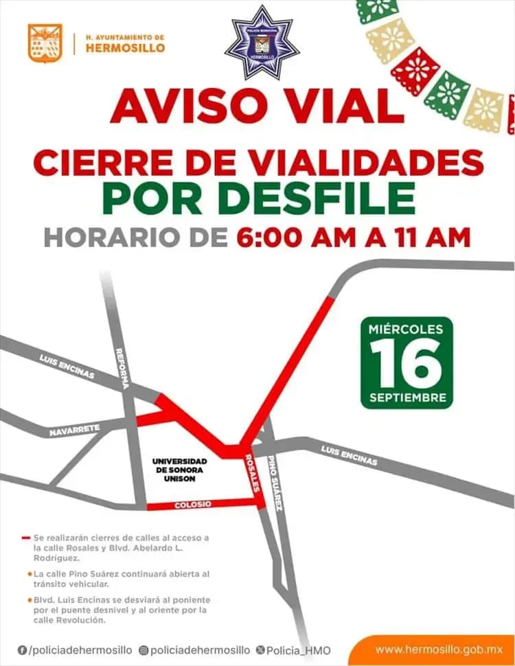 El 16 de septiembre se realizarán nuevos cierres viales en Hermosillo debido al recorrido del desfile cívico-militar