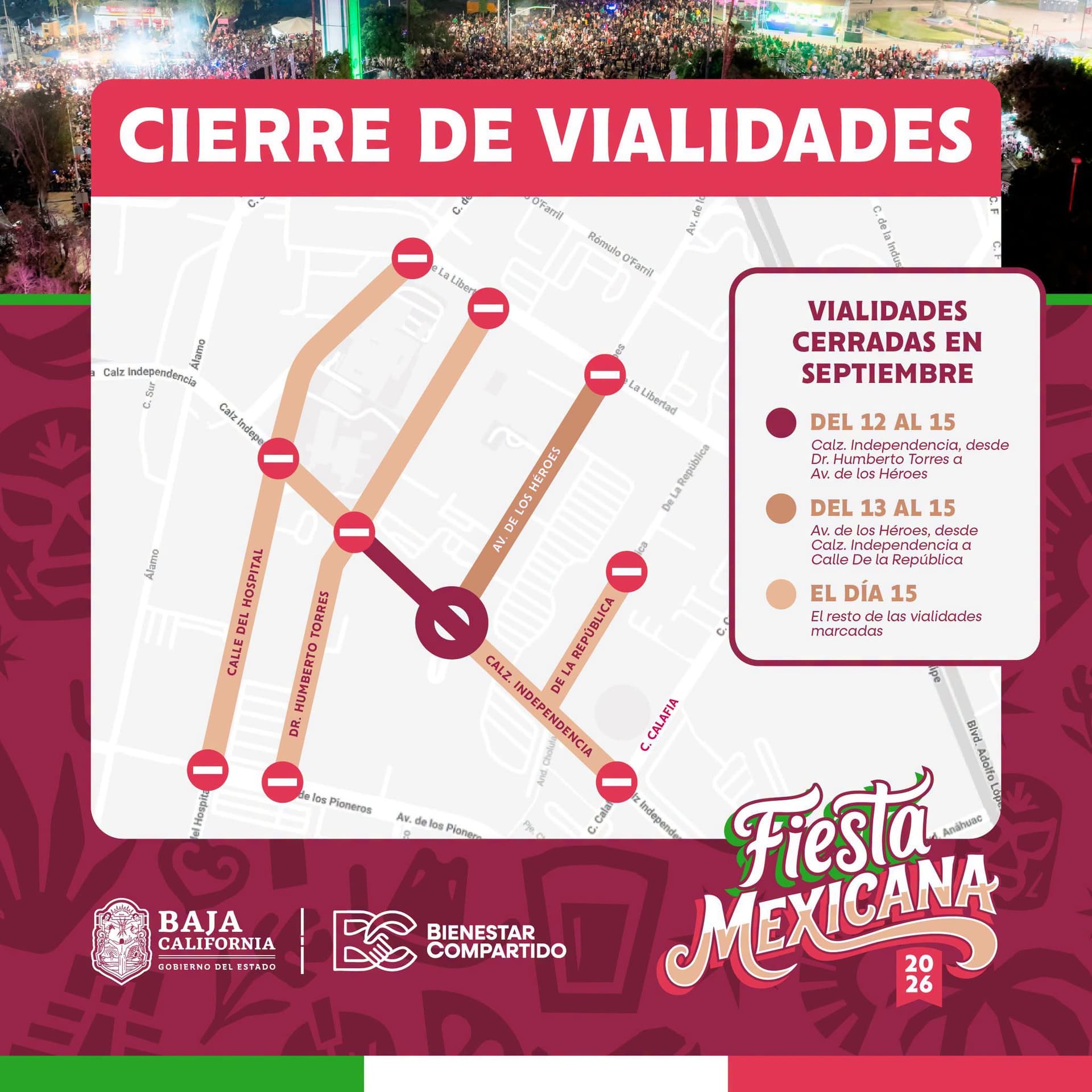 Anuncian Cierres Viales en Mexicali por Fiestas Patrias 2026 en Centro Cívico