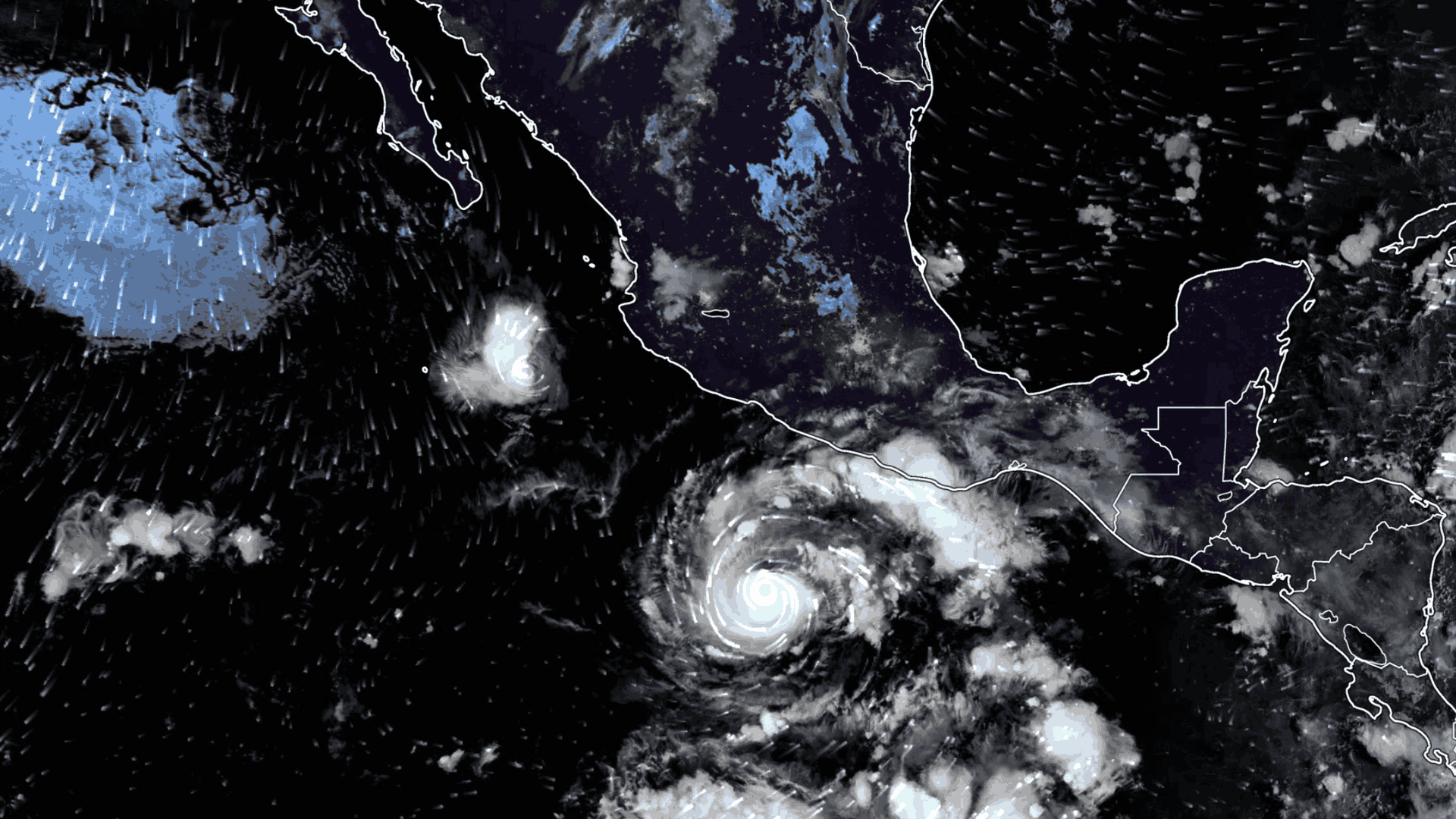 Vista satelital del huracán Trudy y la tormenta Simon el 15 de octubre 2026.