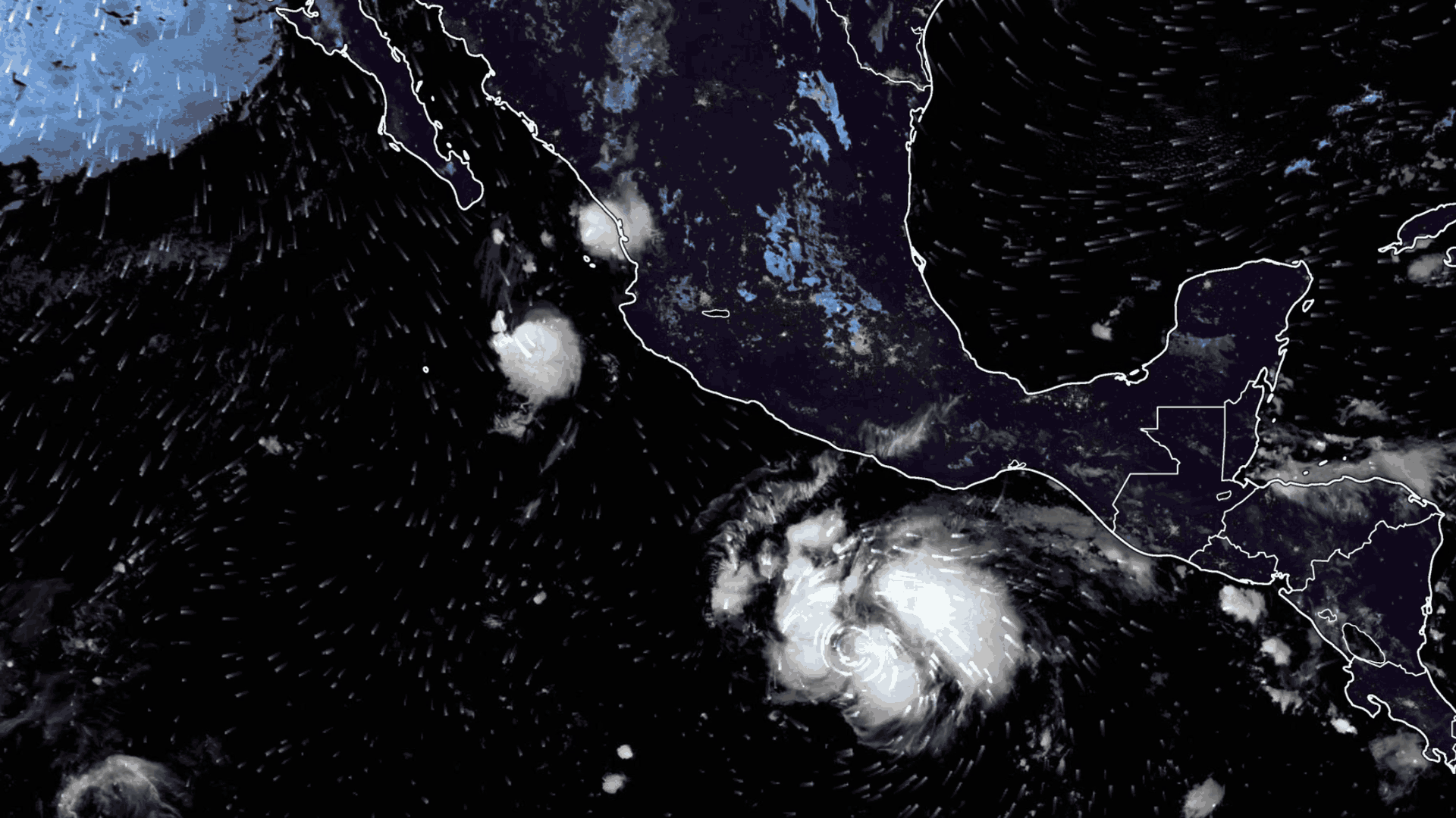 Imagen satelital del huracán Simon y la tormenta Trudy el 14 de octubre 2026.