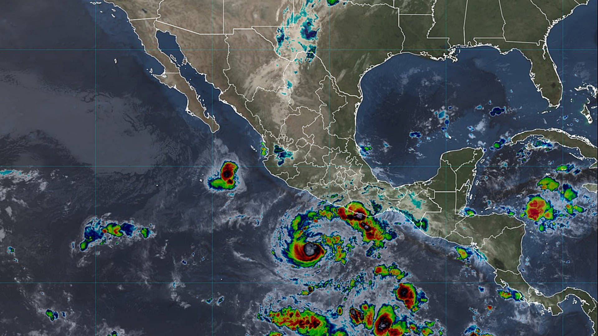 Imagen de satélite que muestra los ciclones tropicales en el Pacífico mexicano. SMN