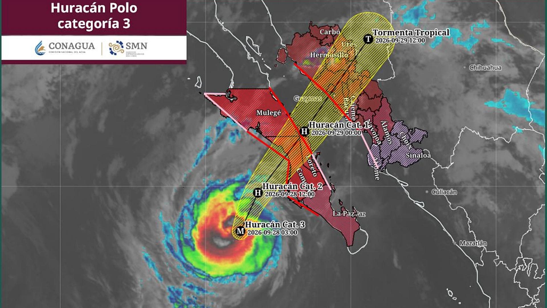 Trayectoria prevista del huracán Polo. Imagen de satélite del SMN