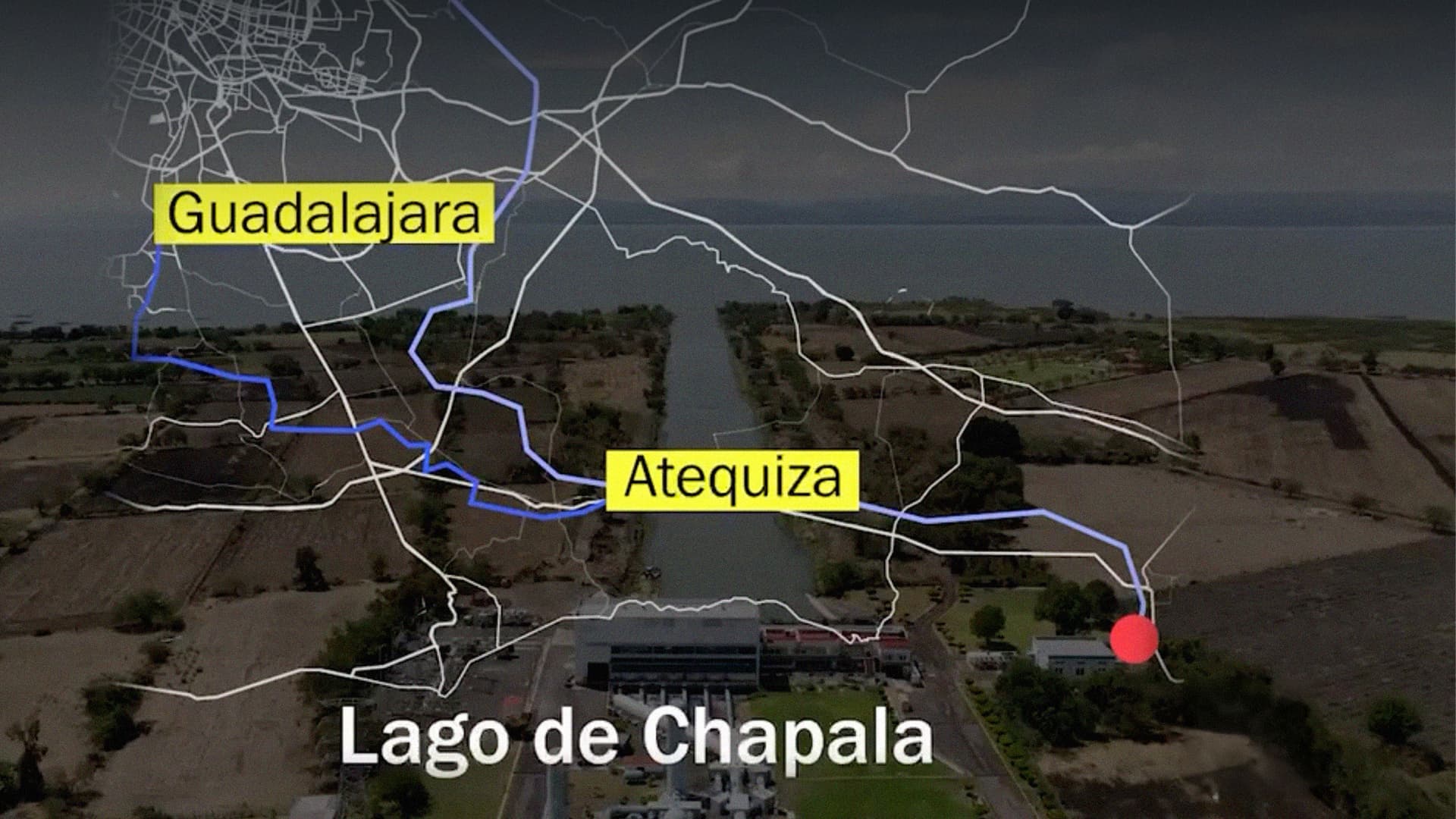 Mapa de las ubicaciones del Lago de Chapala, la comunidad de Atequiza y el trayecto que recorre el rio hasta la Zona Metropolitana de Guadalajara